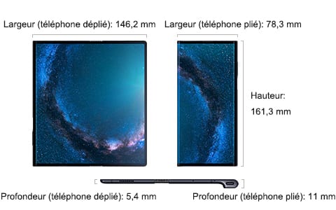 Dimensions du Huawei Mate X déplié et plié : 146,2 × 161,3 mm et 5,4 mm d'épaisseur déplié, 78,3 mm de large et 11 mm plié