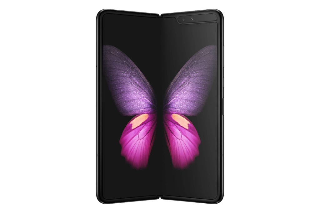 Samsung Galaxy Fold noir déplié, fond d'écran papillon