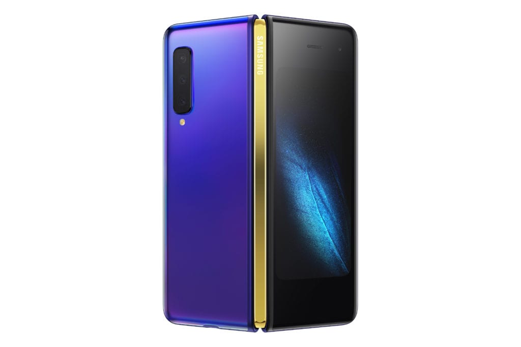 Samsung Galaxy Fold bleu plié, vu de dos et de face