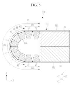 Schéma de brevet Samsung de la charnière d'un écran pliable, vue en coupe
