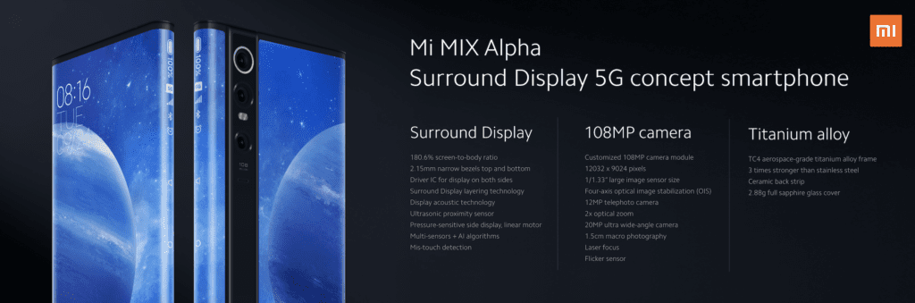 Fiche de présentation du Xiaomi Mi Mix Alpha, concept 5G à écran enveloppant