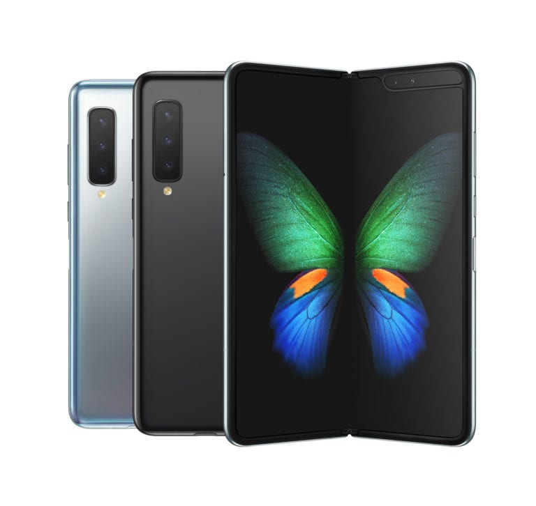 Samsung Galaxy Fold en coloris argent et noir, plié et déplié