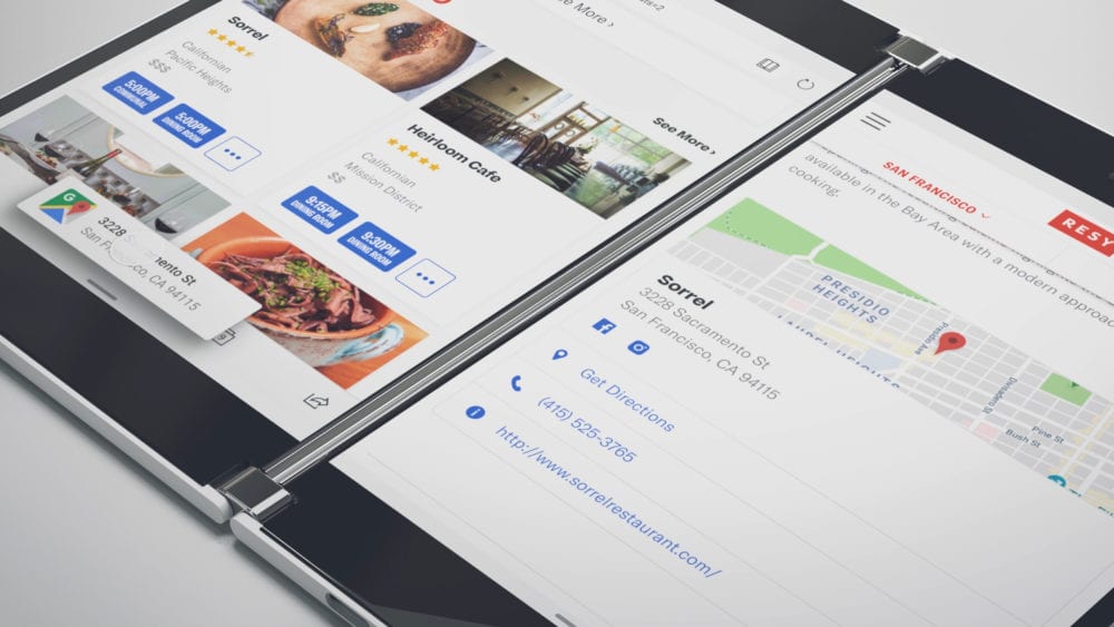 Les deux écrans du Microsoft Surface Duo affichant une application de restaurant et une carte
