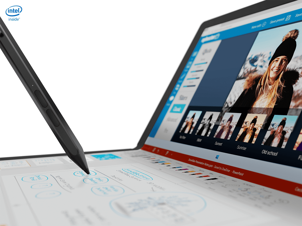 ThinkPad X1 Fold à demi plié, utilisé avec un stylet sur la moitié basse de l’écran
