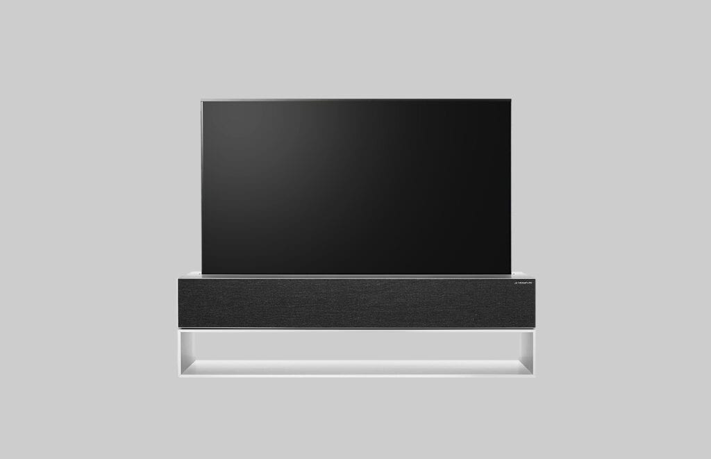 LG Signature OLED R en mode Full View, écran entièrement déroulé au-dessus de son socle