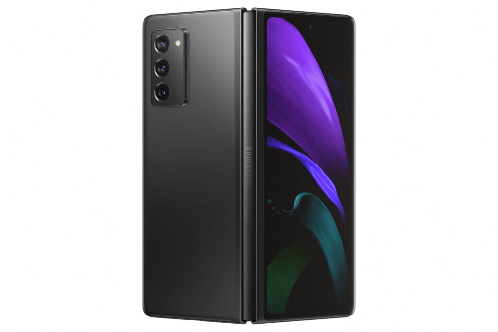 Samsung Galaxy Z Fold 2 noir à demi ouvert, triple capteur photo au dos