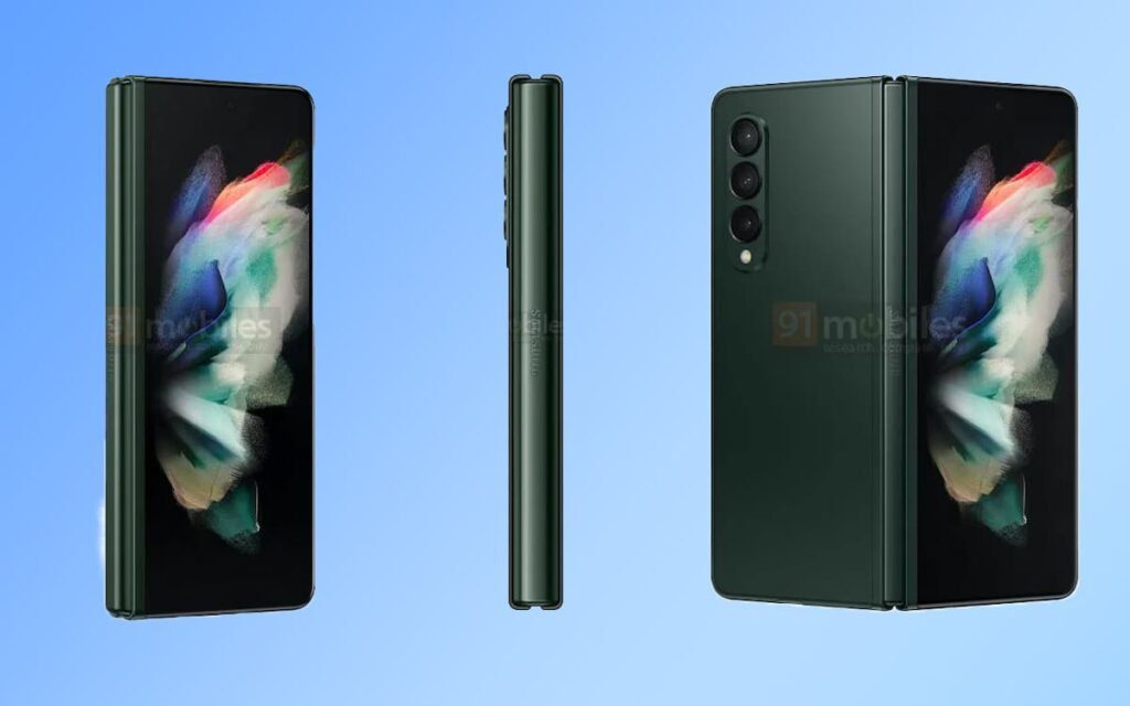 Rendus du Samsung Galaxy Z Fold 3 vert, plié et déplié