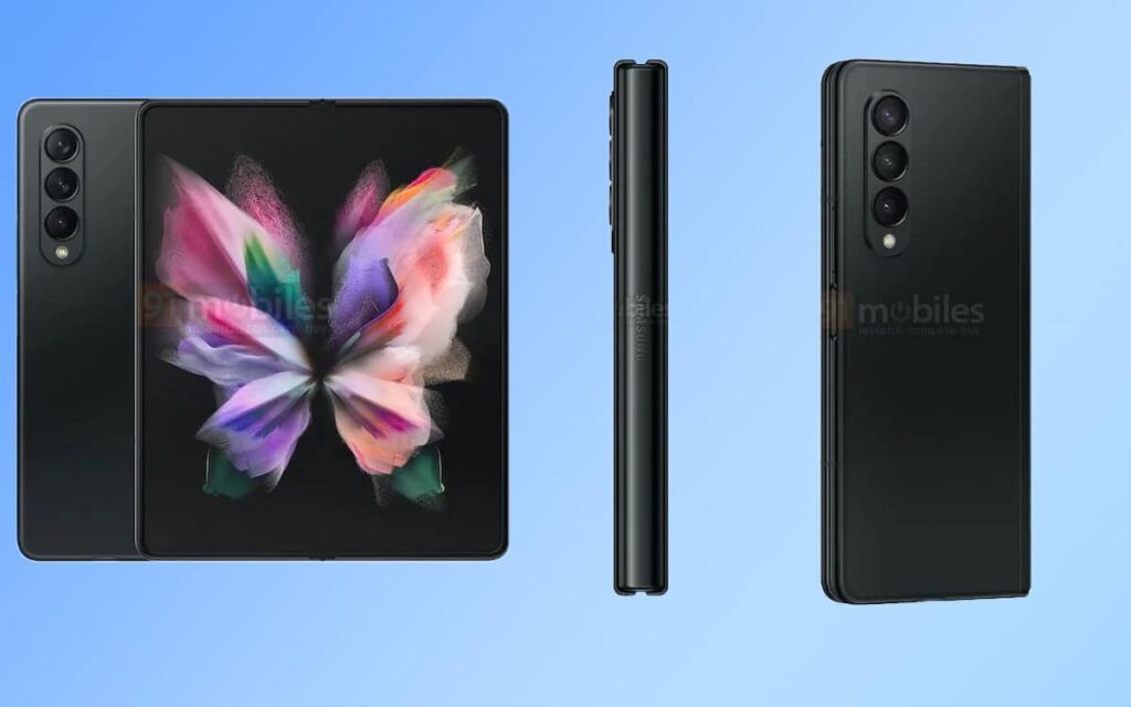 Rendus du Samsung Galaxy Z Fold 3 noir de face, de profil et de dos