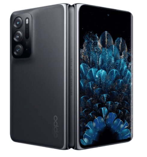 Oppo Find N noir à demi ouvert, vu de dos avec son module photo