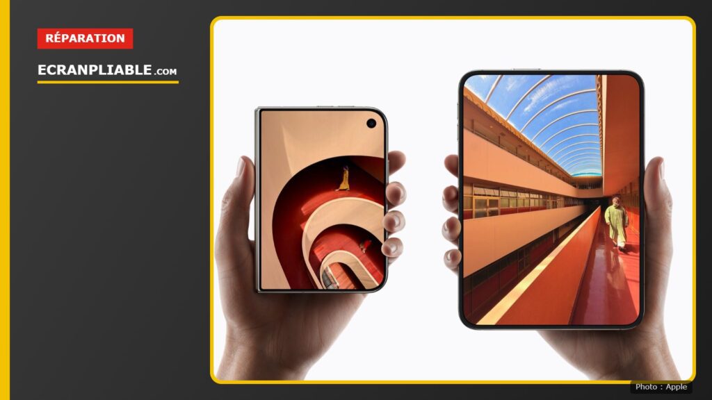 Deux mains tiennent l’iPhone Duo, fermé à gauche avec son écran extérieur, et ouvert à droite avec son grand écran intérieur