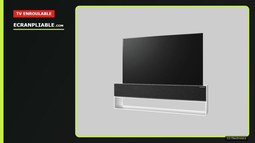 Téléviseur enroulable LG Signature OLED R, écran déroulé au-dessus de son socle