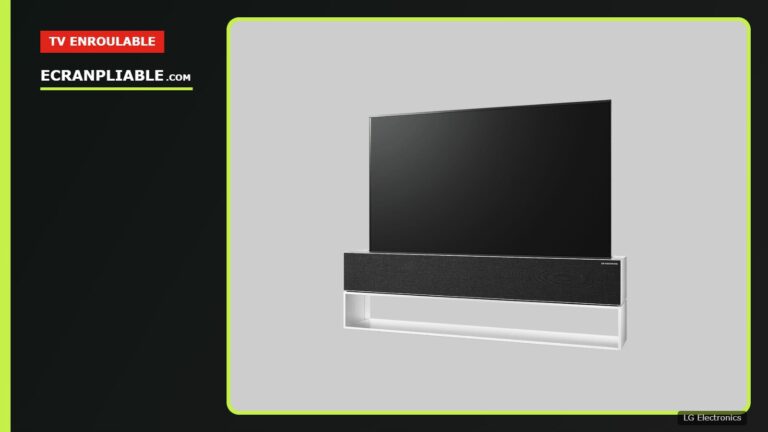 Téléviseur enroulable LG Signature OLED R, écran déroulé au-dessus de son socle
